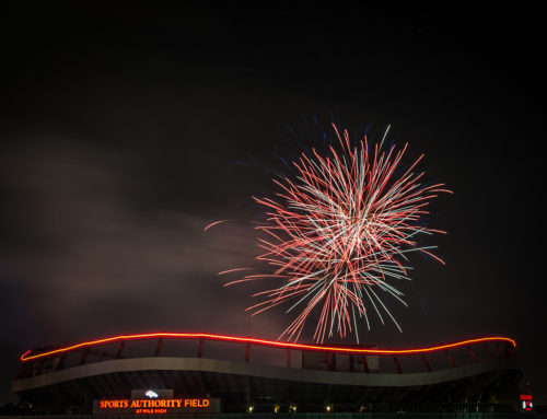 Fireworks over Sports Authority as seen from Jefferson Park